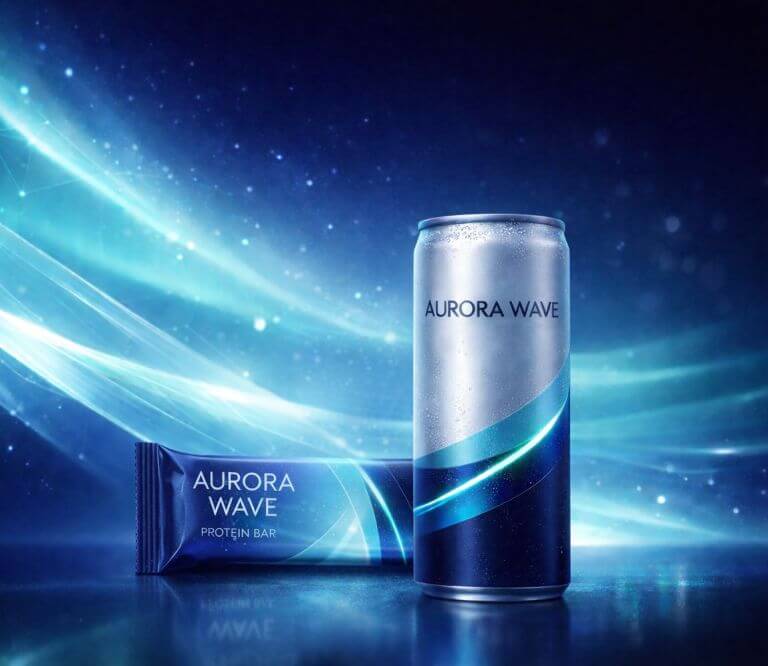 Beverage and food (bar) concepts, developed by Concept Muse. In a blue wrap and blue and silver can, sitting on a blue background with glowing stars and lights