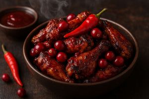 AI concept of cranberry-sriracha hot wings, sitting in a big bowl with chili peppers and cranberries on top and around the bowl. Cranberry-sriracha sauce also in a separate small bowl