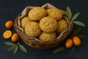 AI concept of kumquat-sage biscuits in a big basket with sprigs of sage and kumquat fruits surrounding