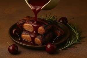 AI concept image of dark cherry sauce being poured over seared pork pieces, surrounded by rosemary sprig and more dark cherries
