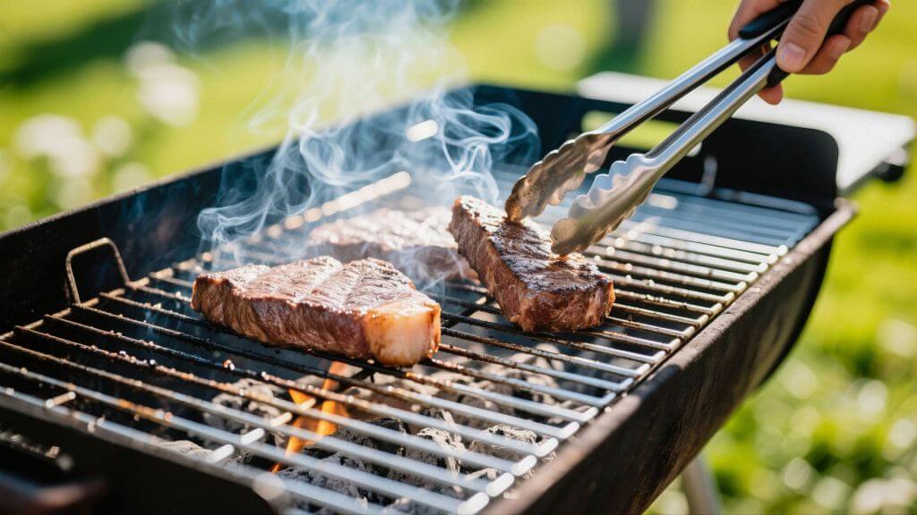 Man's hands holding tongs and grilling chicken outside on a charcoal-based barbecue pit. Smoke rising off the meat and grass in the background