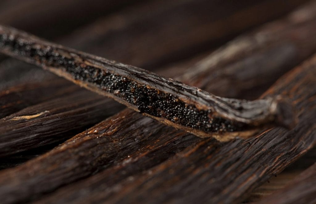 Close-up, macro shot of vanilla beans split open