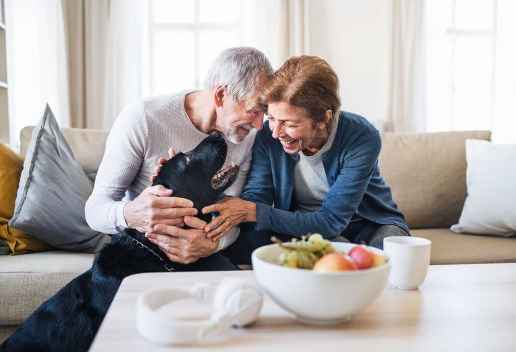 Senior couple in their living room, sitting close to each other, feeling love and petting their black labrador dog. Coffee table with coffee and fruit in front of them