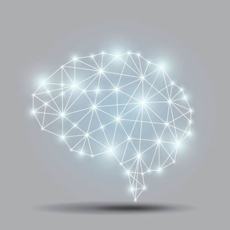 Light blue, glowing brain polygon with neurons shining and standing out, all set on a gray background