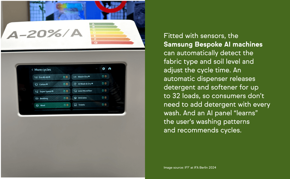 A Samsung Bespoke AI washing machine with a digital display showing multiple wash cycles and a description of its smart features.
