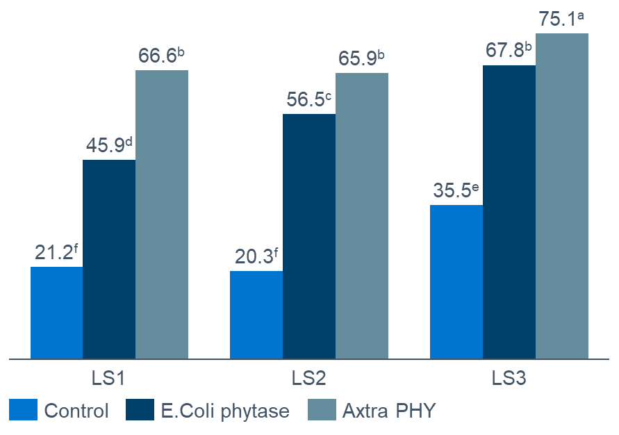 Chart showing effect of limestone source on ilial phosphorus digestibility for two phytase enzymes