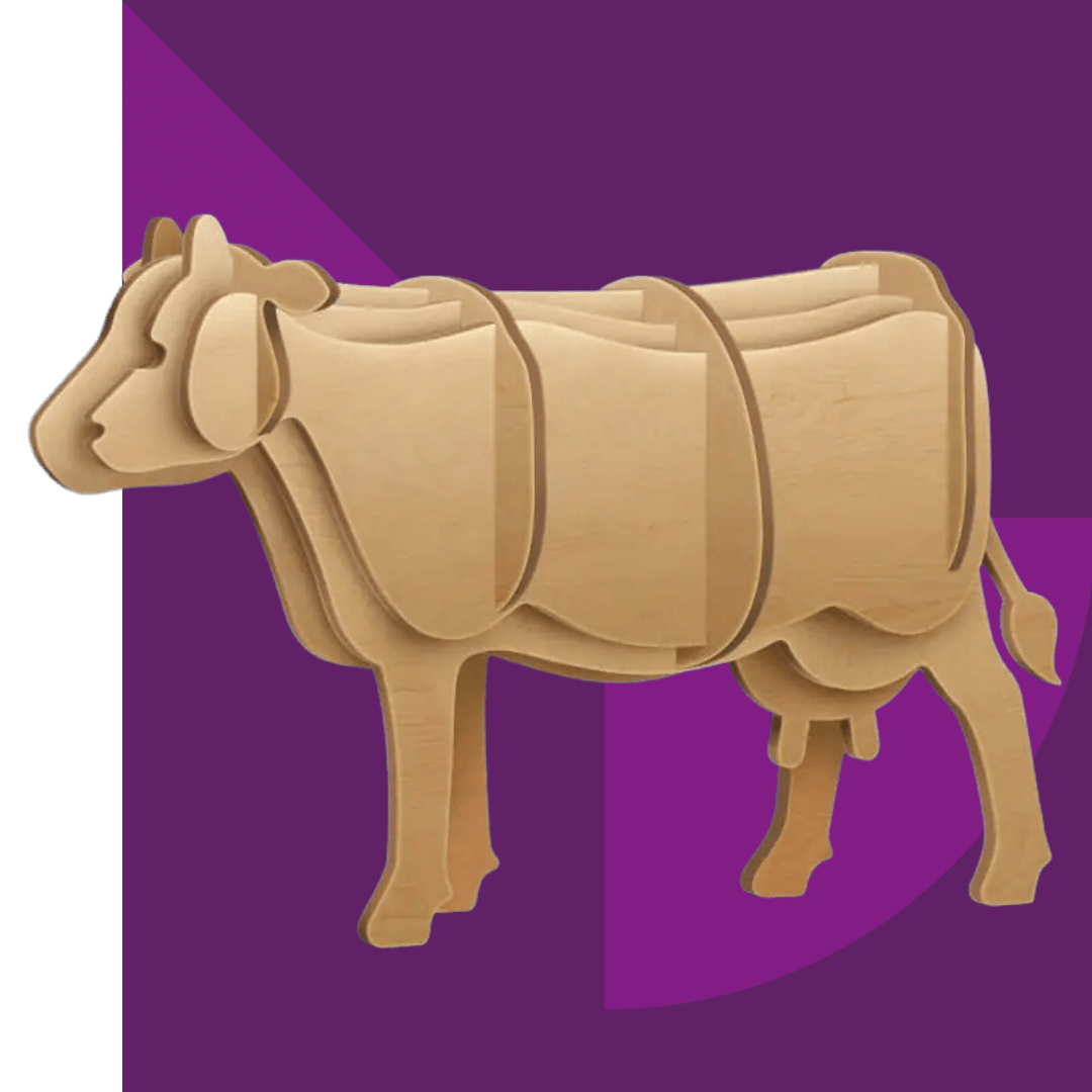 Illustration of a wooden cow puzzle model with layered sections, displayed against a purple background.