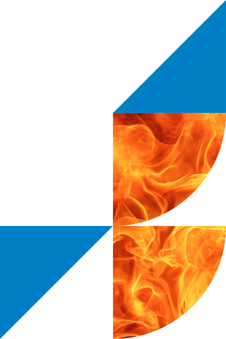 Graphic elements, some solid blue and some with a fire macro shot