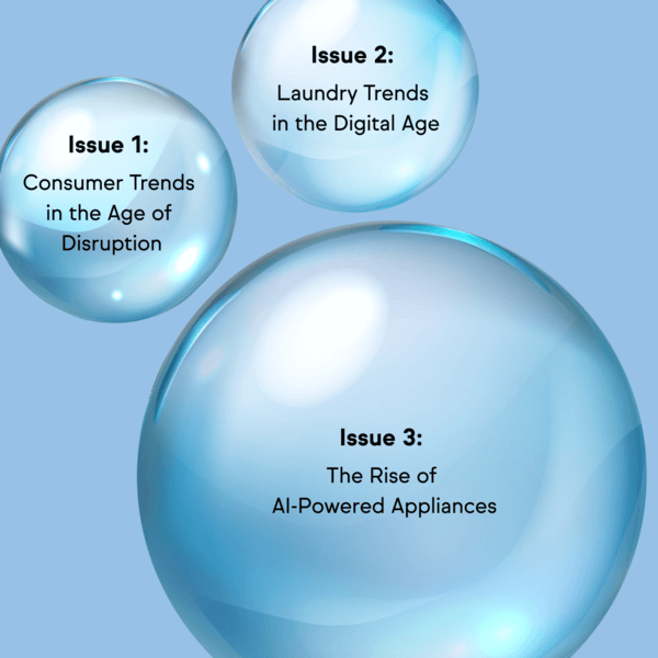 Promotional graphic for Clean Insights showing audience growth and highlighting three past issues focused on consumer trends, digital laundry, and AI-powered appliances.