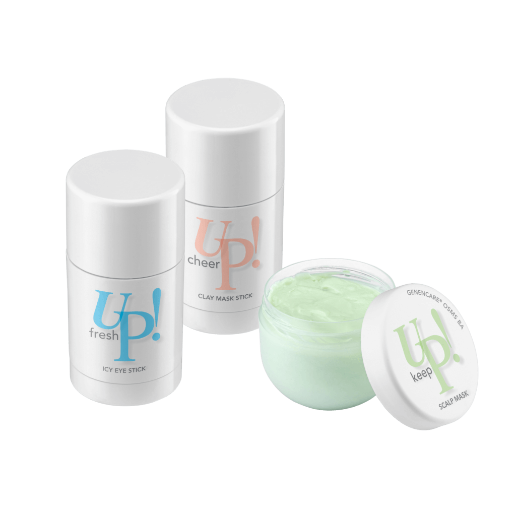 Three products from IFF's Up! formulation collection are displayed. The products include an Icy Eye Stick labeled